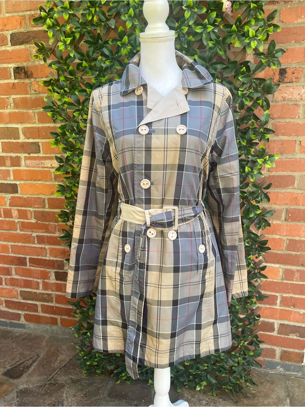 Barbour Reversible Cedar Mac Check Waterproof Jacket Trench Coat Sz UK 14 US 10